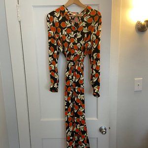 Whistles orange gold black abstract floral long sleeve ankle length dress